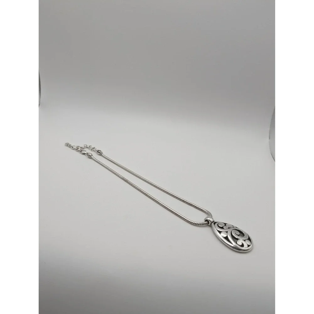 Brighton Silver Tone Teardrop Scroll Openwork Pendant Snake Chain Necklace